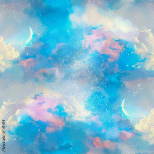 ふわふわ浮かぶ白い雲と三日月が浮かぶ夜空のシームレスパターンスクエア型イラスト 