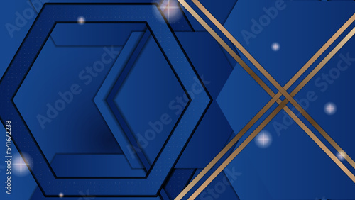 Abstract template blue geometric diagonal background with golden line. Luxury background with modern 3d bronze style.