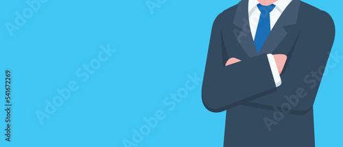 Businessman banner illustration design vector, flat design style, crossed arms business man, businessman in black suit isolated