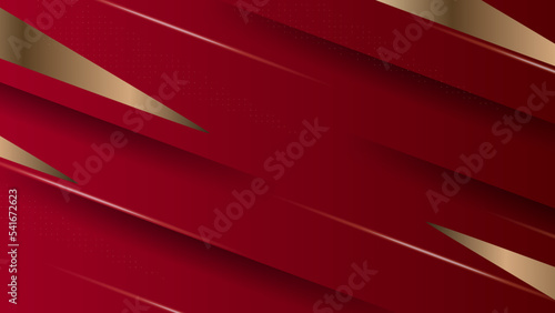 Abstract red and gold background with geometric line, halftone, and 3D curve wave
