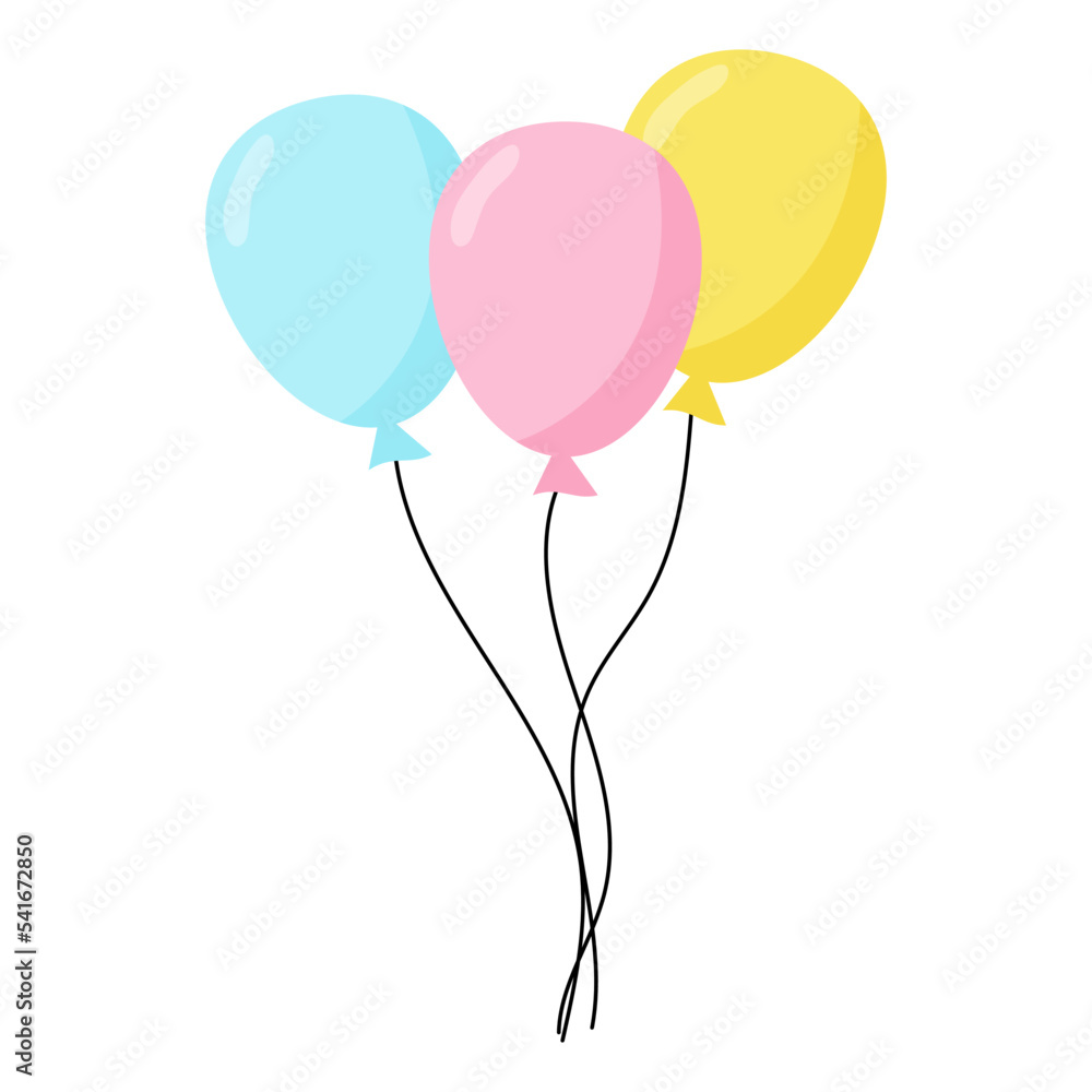 Balloon in cartoon style. Bunch of balloons for birthday and party. Flying balloon with rope. Blue, red, yellow and green ball isolated on white background.
