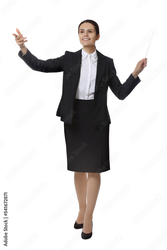 Happy young conductor with baton on white background Happy young conductor with baton on white background
