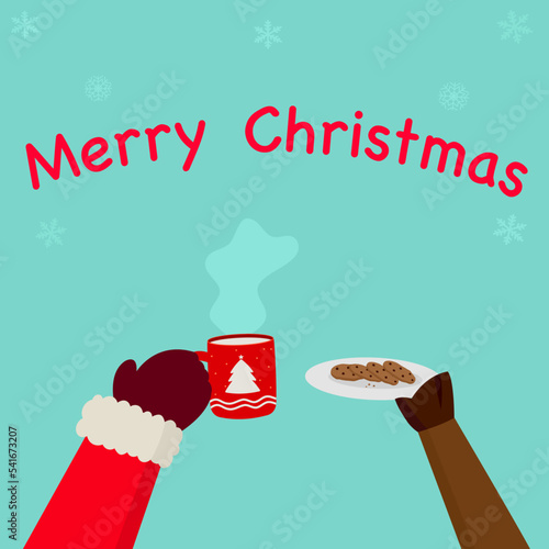 Merry Christmas happy new year vector illustration, Santa Claus hand holding hot drink milk and reindeer leg holding cookies on snowflake blue sky winter background. Happy holiday calibration season