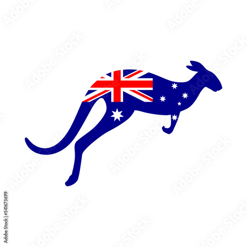 Australia flag on kangaroo silhouette. Graphic sign isolated on white background. Vector illustration