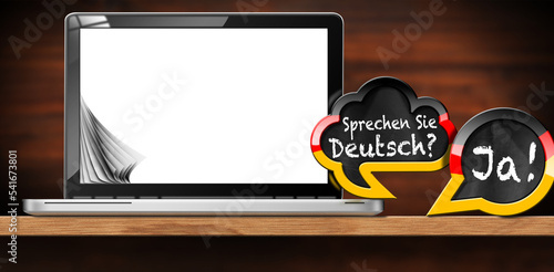 German language lesson. 3D illustration of two speech bubbles with German flag and question, Sprechen Sie Deutsch? and Ja! (Do you speak German? and Yes!). Modern laptop computer with blank screen. photo