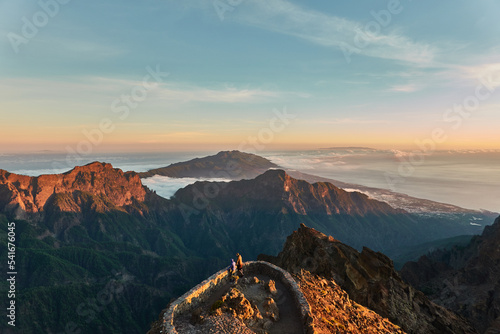 Panoramic views from the Roque de los Muchachos of the Caldera de Taburiente National Park, the Cumbre Vieja Natural Park, Tenerife, La Gomera and El Hierro on the island of La Palma. Canary Islands. 