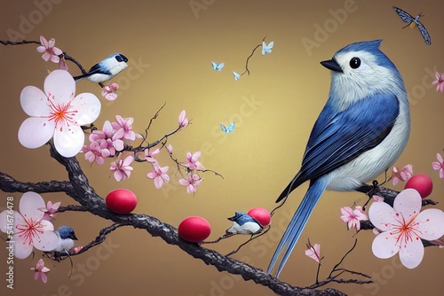 Blue bird titmouse sit near the nest with eggs, white birdhouse, cherry blossoms, butterfly, easter spring background, mixed media,  photo