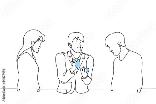 magician shows card trick to adult audience - one line drawing vector. concept performance with playing cards, male soothsayer or fortune teller with cards