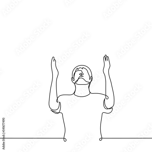 man raised his hands to the sky raising his face - one line drawing vector. concept pray in despair, complain