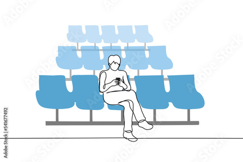 one single man sitting in the waiting room staring at the phone screen with his foot on the leg - one line drawing vector. concept of a late passenger, a delayed flight, a late unpopular flight