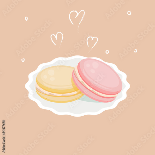 Cute cartoon macaroons on the white napkin isolated on the light brown background. Vector illustration.