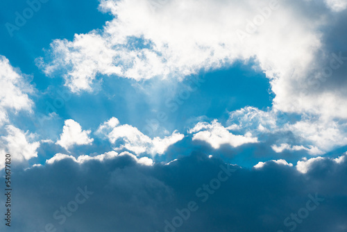 Fototapeta Naklejka Na Ścianę i Meble -  Sun rays behind dark clouds. The sun behind the cloud