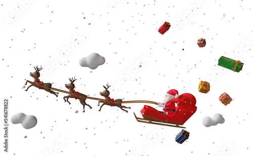 Santa Claus rides reindeer sleigh with house, gift box, snow, christmas tree isolated. website or poster or Happiness cards, banner and festive New Year, 3d illustration, 3d render