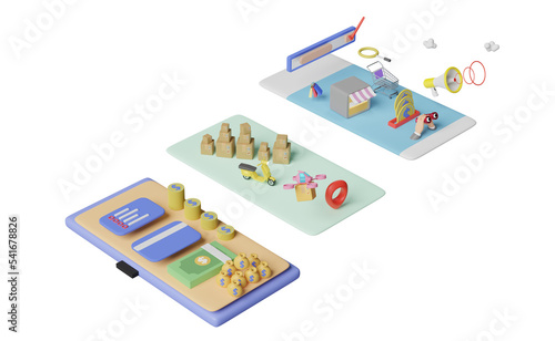 mobile phone or smartphone with store front, delivery drone, megaphone, shopping cart searching isolated. franchise business or online shopping concept, 3d illustration or 3d render