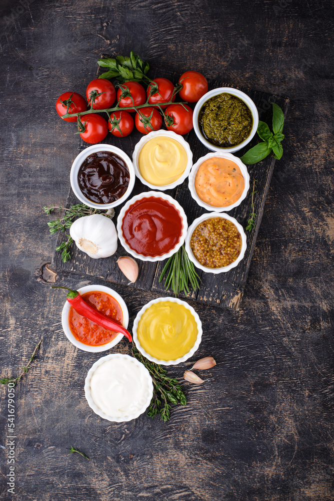 Set of different sauces. Ketchup, mustard and mayonnaise Set of different sauces. Ketchup, mustard and mayonnaise
