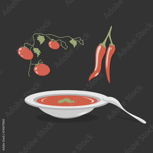 Plate of soup puree with fresh vegetables ingredient. Cream soup with tomatoes, pepper and bazil. Vector illustration.