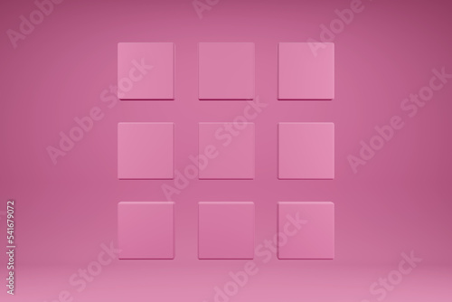 Nine boxes representing choices. Positioned in a 3x3 grid on a pink background.