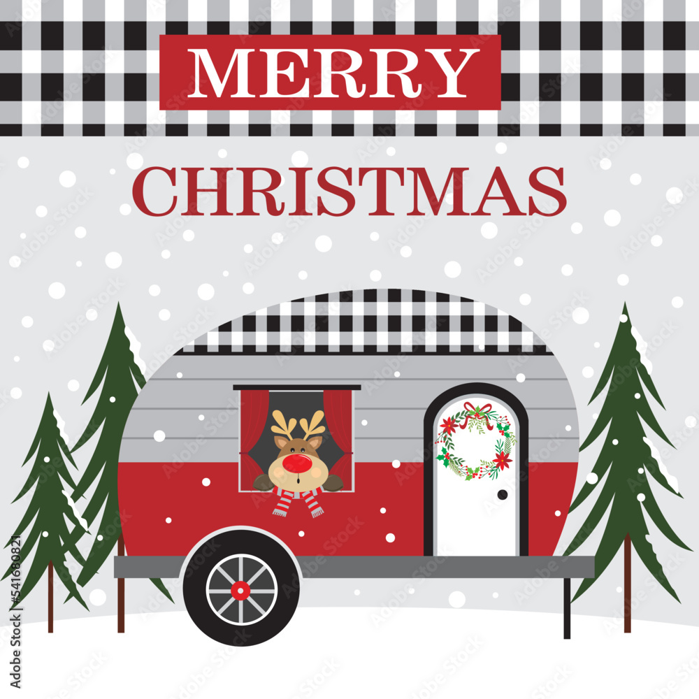 christmas card with reindeer in the caravan