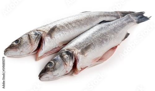 Sea bass fish. Two peeled raw sea bass on a white background