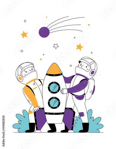 Happy boys play together and fantasize about flying into space on a rocket. Children friends cartoon characters playing astronauts. Flat line vector illustration