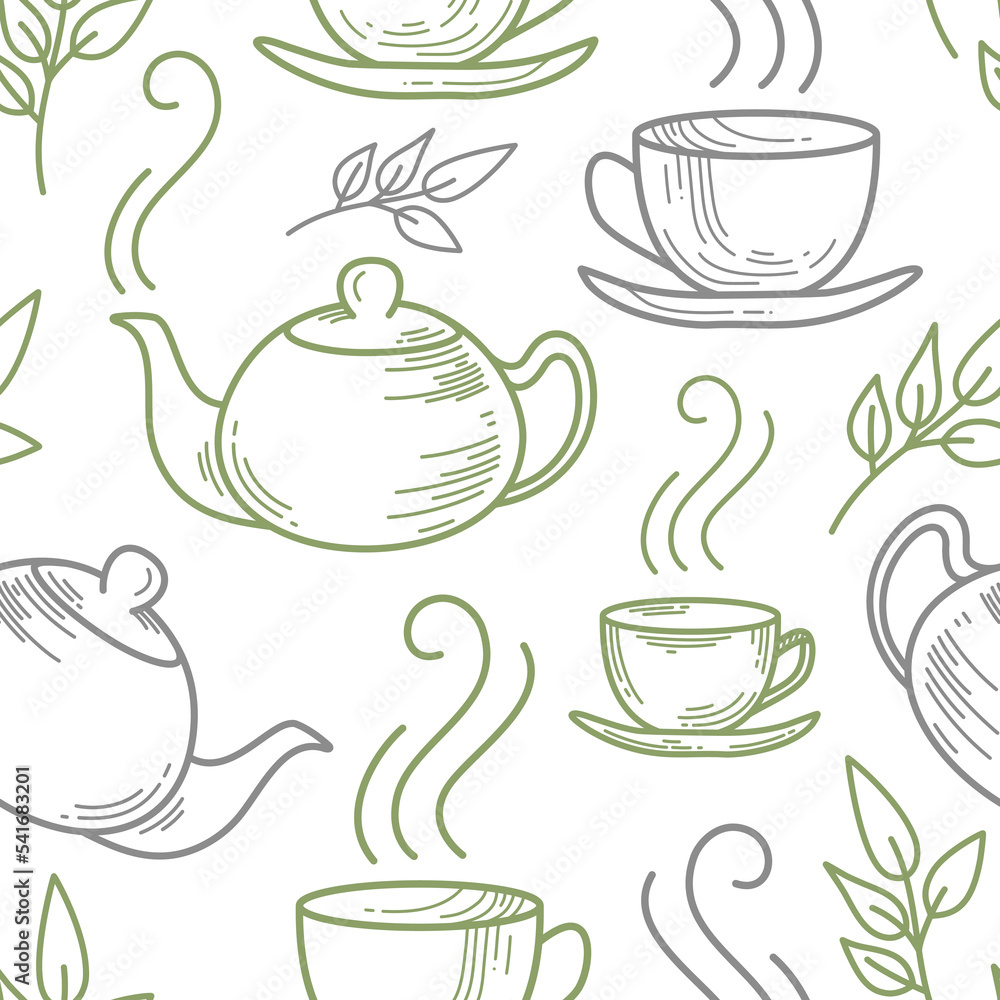 Vector seamless pattern of many teapots, small cups with saucer, green tea leaves. Hot drink with steam. Cute linear concept. Decorative art element for cafe menu layout design, packaging. Brew signs