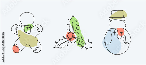 One line art. Christmas print. New Year. Snowman, gingerbread, wreath, spruce. Postcard, poster. christmas tree