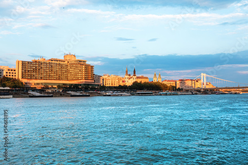 Panoramic view of Budapest from the river at sunset
