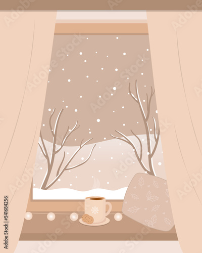 Winter window with view, kakao cup and cushion on the sill. Vector illustration in flat style