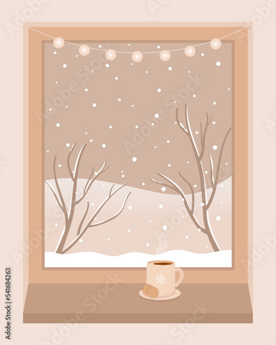 Winter window with view, kakao cup and cushion on the sill. Vector illustration in flat style