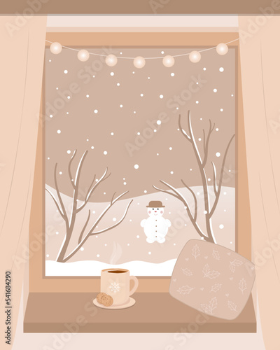 Winter window with view, kakao cup and cushion on the sill. Vector illustration in flat style