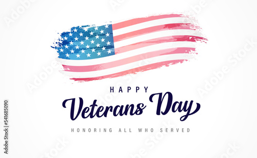 Happy Veterans Day lettering and watercolor flag. Greeting card Honoring all who served with flag USA and text. Vector illustration
