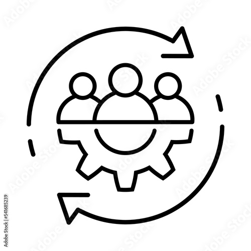 Teamwork thin line icon in flat style. Team and gear symbol with arrows isolated on white. Leadership concept. Vector group of people icon. Simple teamwork abstract icon in black. Vector illustration