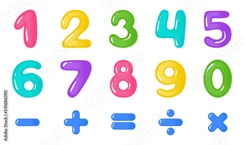 Cute cartoon kids numbers and math symbols set. Vector illustration in flat style on white background. 