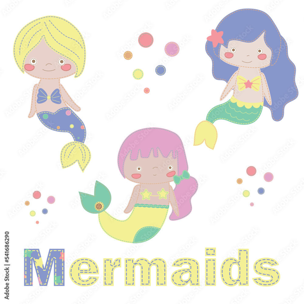 Patchwork vector drawing with mermaids. Cute vector cartoon mermaids. Baby Shower, greeting, holiday and invitation card. Applique with mermaids. Vector baby patchwork illustration. For print Patchwork vector drawing with mermaids. Cute vector cartoon mermaids. Baby Shower, greeting, holiday and invitation card. Applique with mermaids. Vector baby patchwork illustration. For print