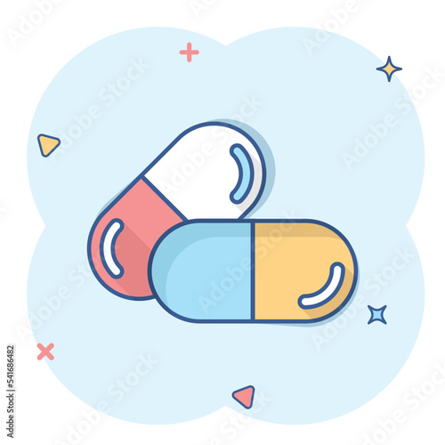 Pill capsule icon in comic style. Drugs cartoon vector illustration on white isolated background. Pharmacy splash effect business concept.