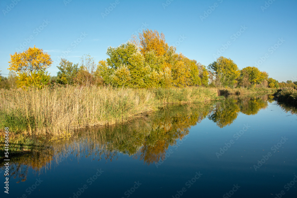 View of the Kiskunsag main channel with the colourful trees reflecting in the water near Tass village and municipality in Bacs-Kiskun county, in the Southern Great Plain region of southern Hungary View of the Kiskunsag main channel with the colourful trees reflecting in the water near Tass village and municipality in Bacs-Kiskun county, in the Southern Great Plain region of southern Hungary