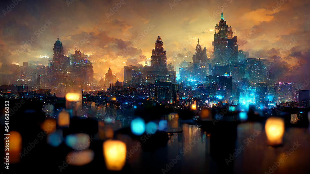 Obraz premium Cityscape, night view, landscape, night sky, digital illustration