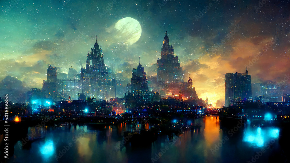 Cityscape, night view, landscape, night sky, digital illustration