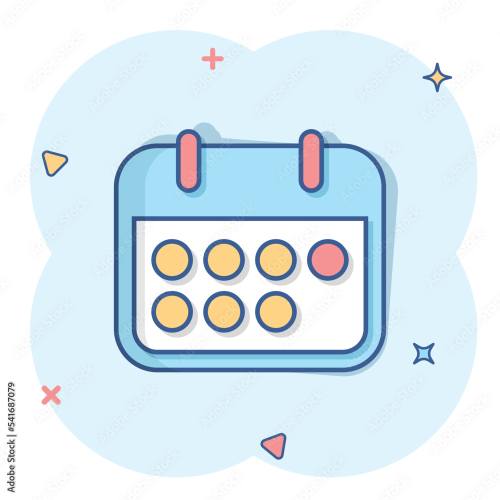Calendar icon in comic style. Agenda cartoon vector illustration on white isolated background. Schedule planner splash effect business concept. Calendar icon in comic style. Agenda cartoon vector illustration on white isolated background. Schedule planner splash effect business concept.