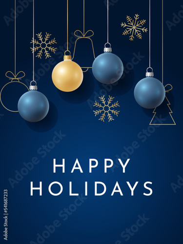 Modern Happy Holidays Design with Elegant Balls and Golden Snowflakes