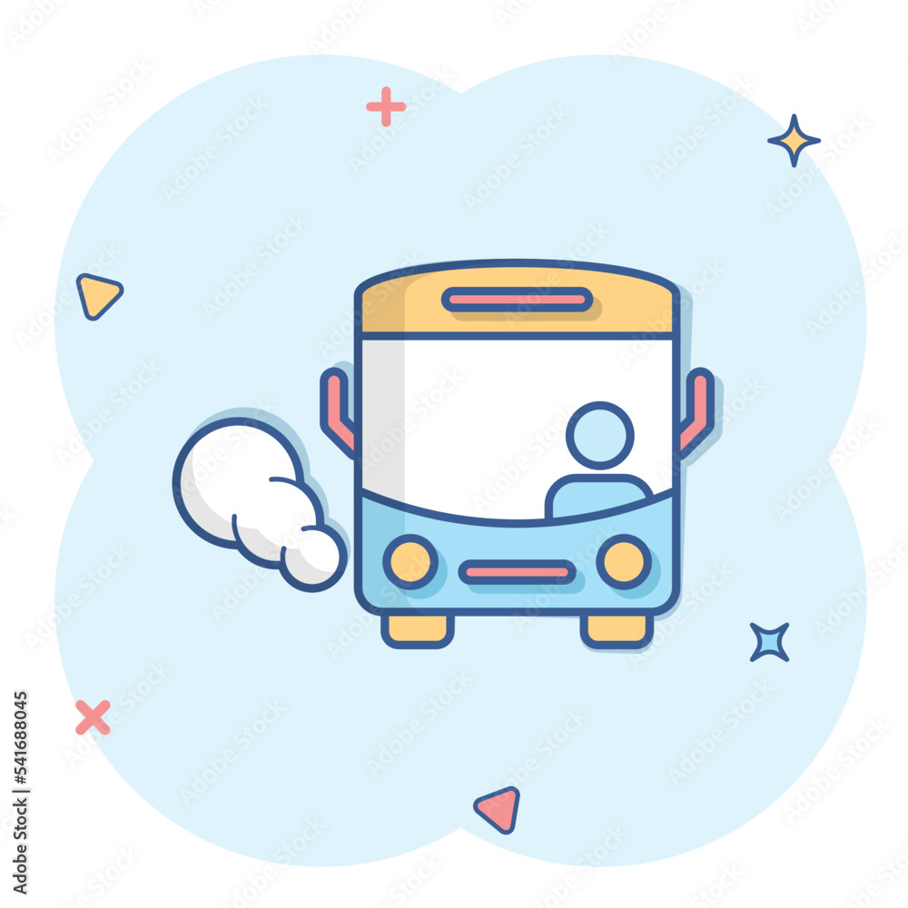 Bus icon in comic style. Coach cartoon vector illustration on white isolated background. Autobus vehicle splash effect business concept. Bus icon in comic style. Coach cartoon vector illustration on white isolated background. Autobus vehicle splash effect business concept.