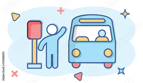 Bus station icon in comic style. Auto stop cartoon vector illustration on white isolated background. Autobus vehicle splash effect business concept.