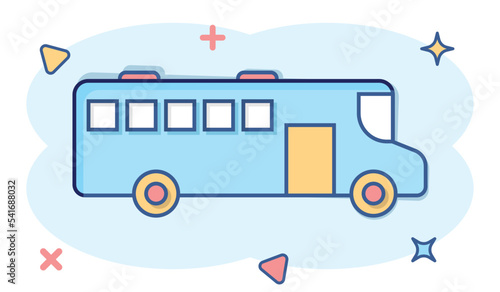 Bus icon in comic style. Coach cartoon vector illustration on white isolated background. Autobus vehicle splash effect business concept.