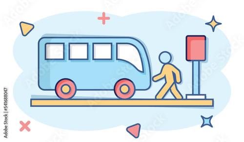 Bus station icon in comic style. Auto stop cartoon vector illustration on white isolated background. Autobus vehicle splash effect business concept.