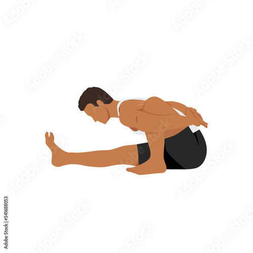 Man doing Sage Twist Pose, Marichi's Pose, One-Legged Seated Spinal Twist Pose. Marichyasana. Flat vector illustration isolated on white background