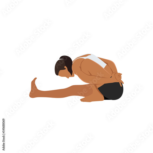 Woman doing Sage Twist Pose, Marichi's Pose, One-Legged Seated Spinal Twist Pose. Marichyasana. Flat vector illustration isolated on white background