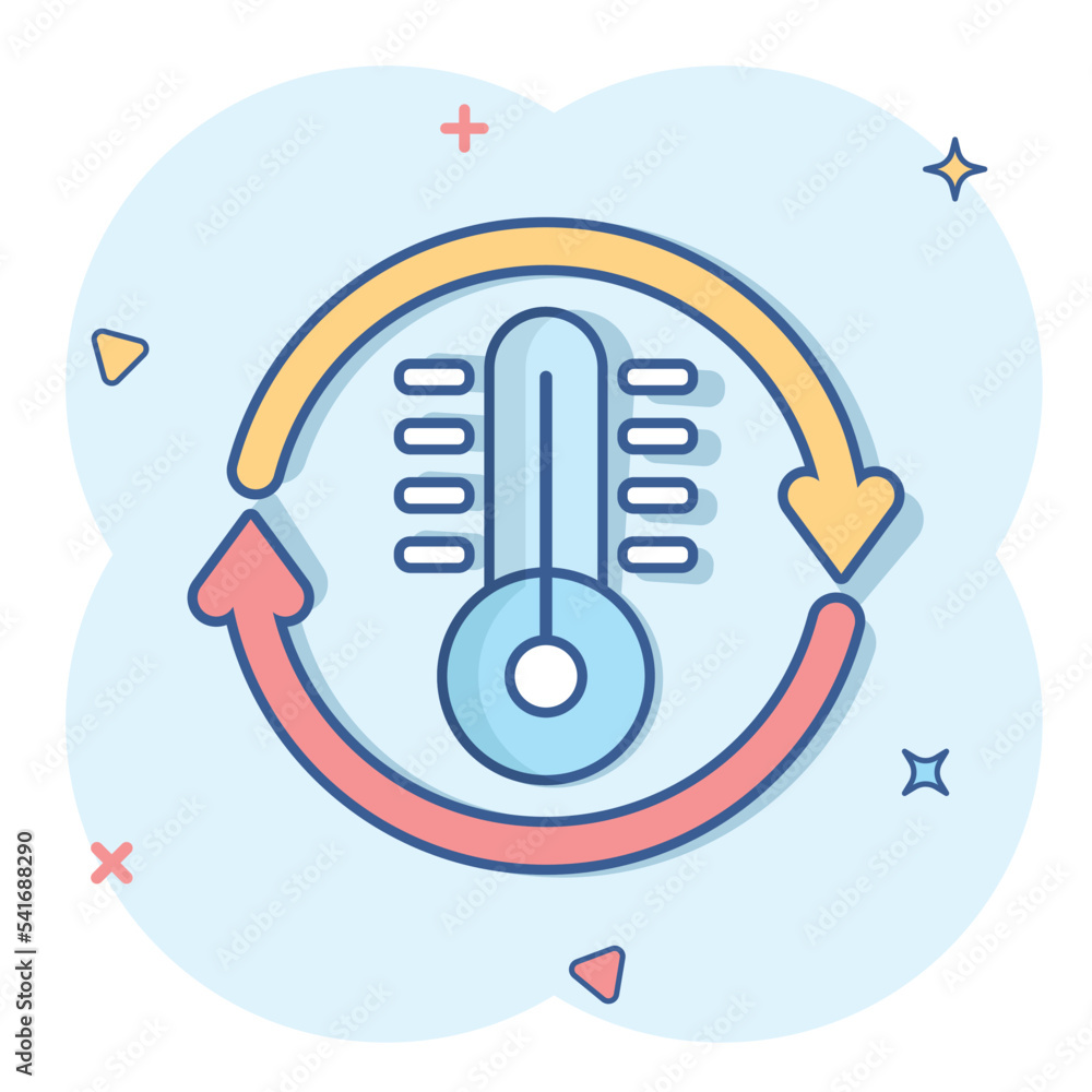 Thermometer climate control icon in comic style. Meteorology balance cartoon vector illustration on white isolated background. Hot, cold temperature splash effect business concept. Thermometer climate control icon in comic style. Meteorology balance cartoon vector illustration on white isolated background. Hot, cold temperature splash effect business concept.