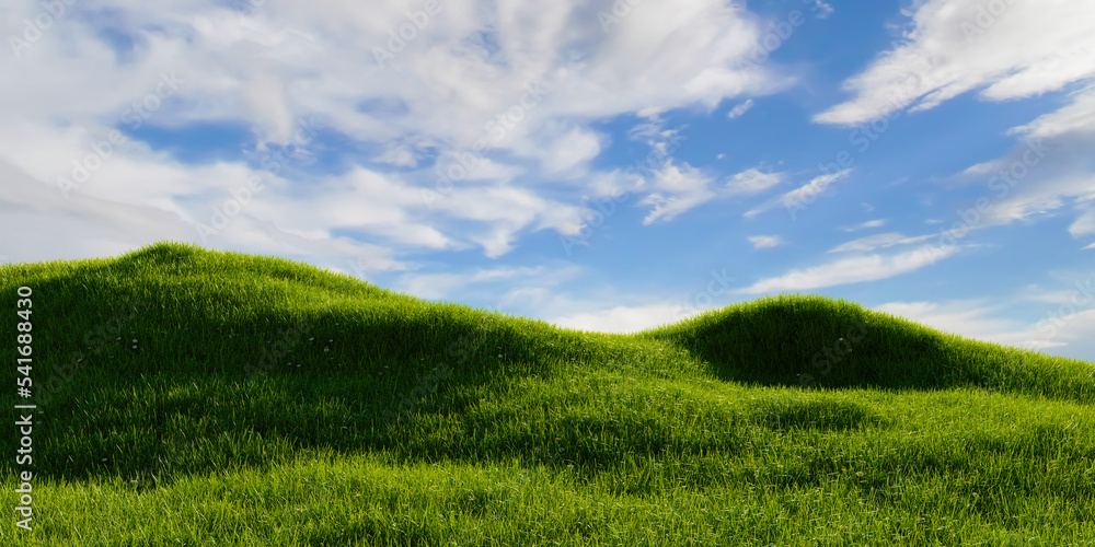 Naklejka premium Green grassland with clear blue sky background. Outdoor nature concept. 3D illustration rendering