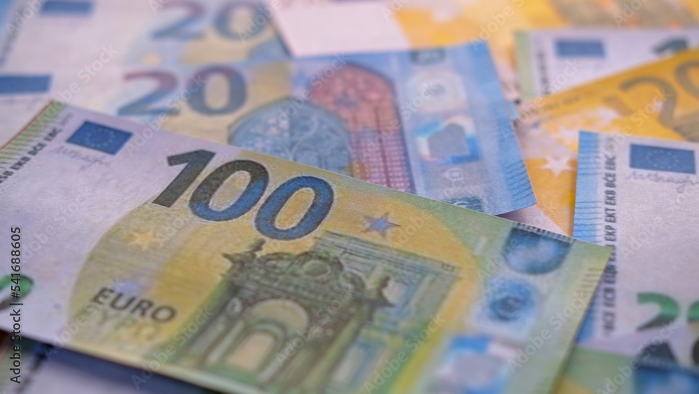 Euros on a pile of European currencies, European inflation, European economic recession, economics and finance concept Euros on a pile of European currencies, European inflation, European economic recession, economics and finance concept