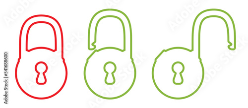 Red, green open, closed round lock set. Padlock outline icon to use in design projects for IT, password protection, cyberspace, internet security, privacy, webdesign. 